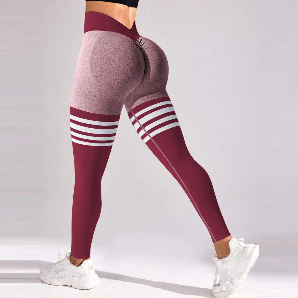 Women's V-Back High Waist Yoga Stripe Leggings