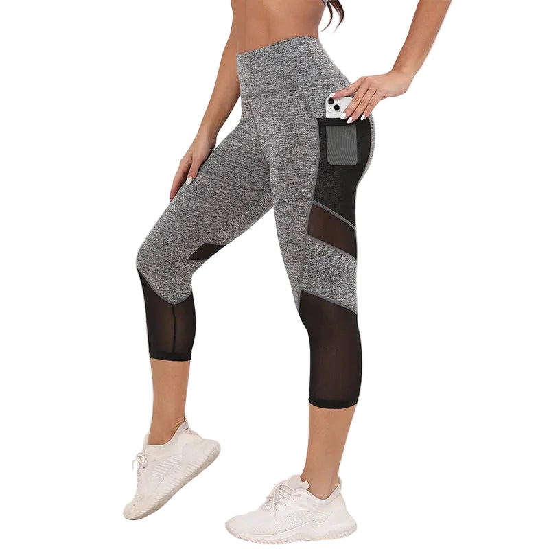 Women's Mesh High Waist Yoga Capri Leggings with Pockets