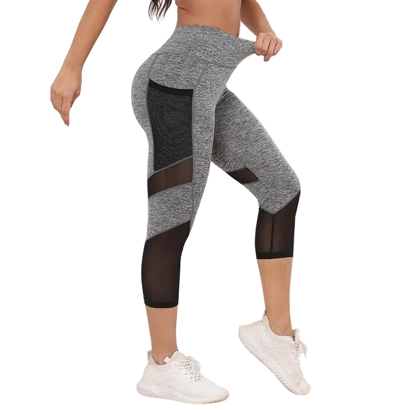 Women's Mesh High Waist Yoga Capri Leggings with Pockets