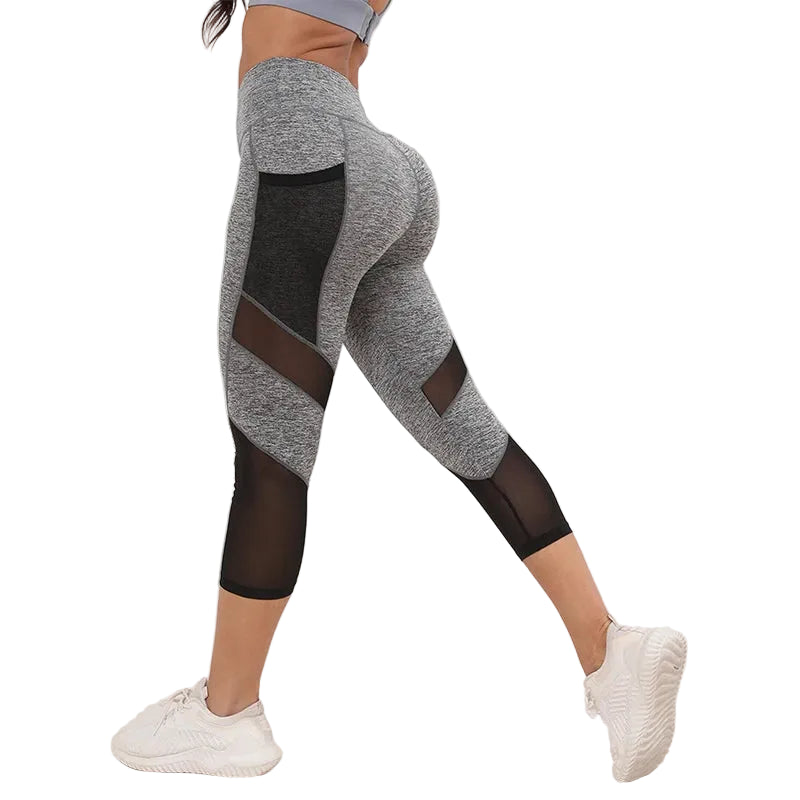 Women's Mesh High Waist Yoga Capri Leggings with Pockets