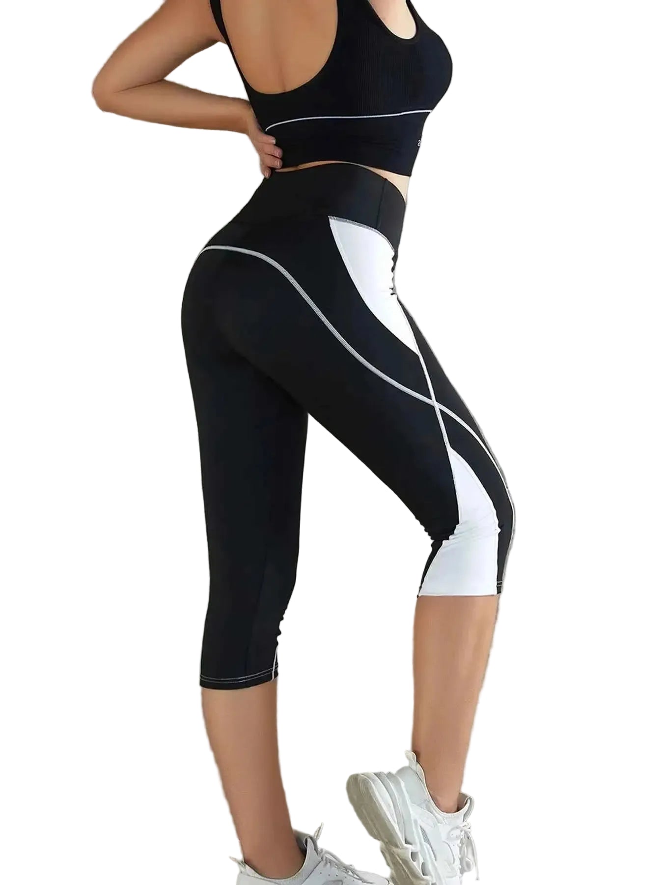 Women's Color Block High Waist Capri Yoga Leggings